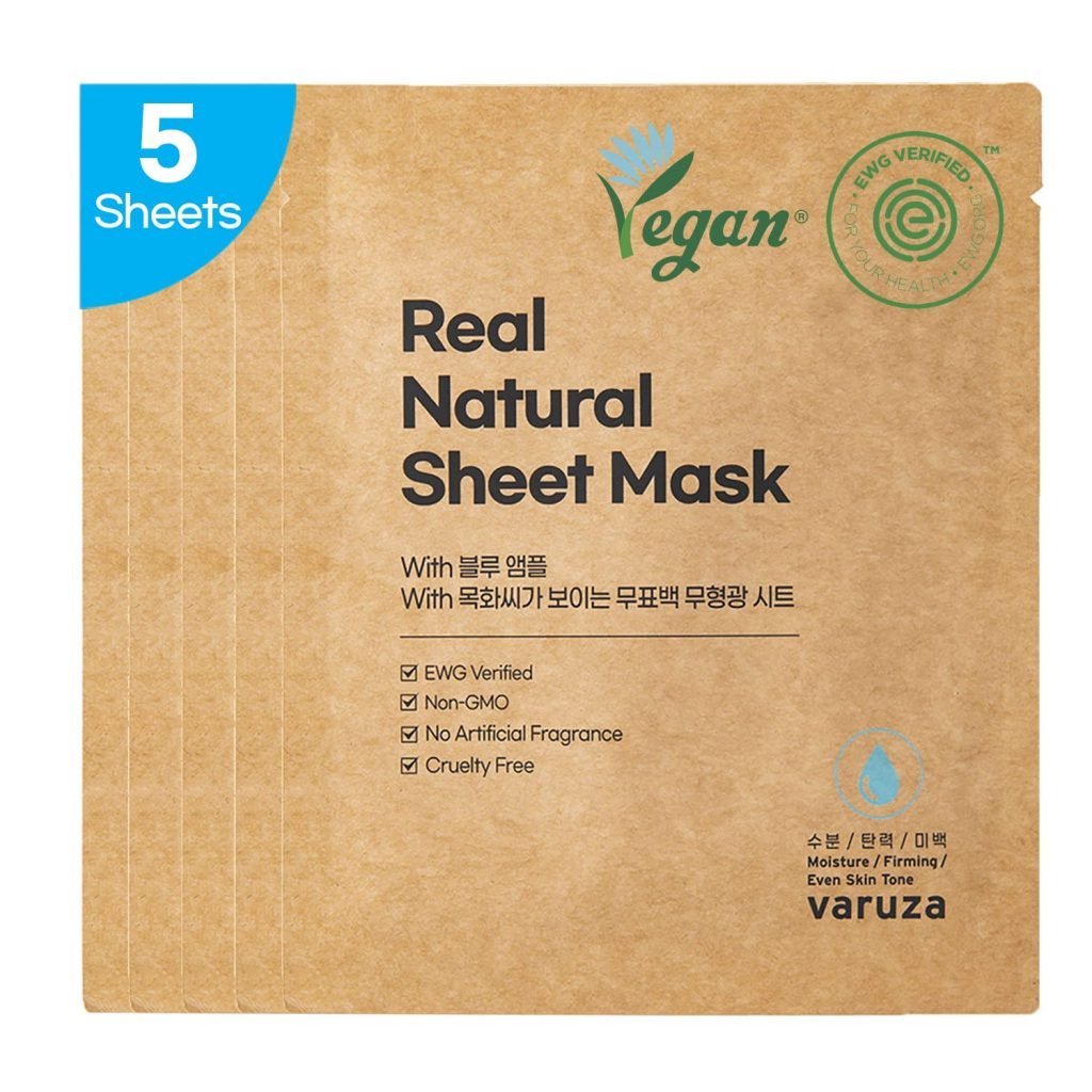 K-Beauty Real Natural Sheet Mask with Blue Ampoule with Unbleached & Non-fluorescent sheet EWG Verified Non-GMO Cruelty Free No Artificial Fragrance Firming Even Skin Tone Made in Korea