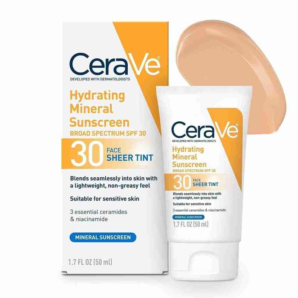 CeraVe Tinted Sunscreen with SPF 30 | Hydrating Mineral Sunscreen With Zinc Oxide & Titanium Dioxide | Sheer Tint for Healthy Glow