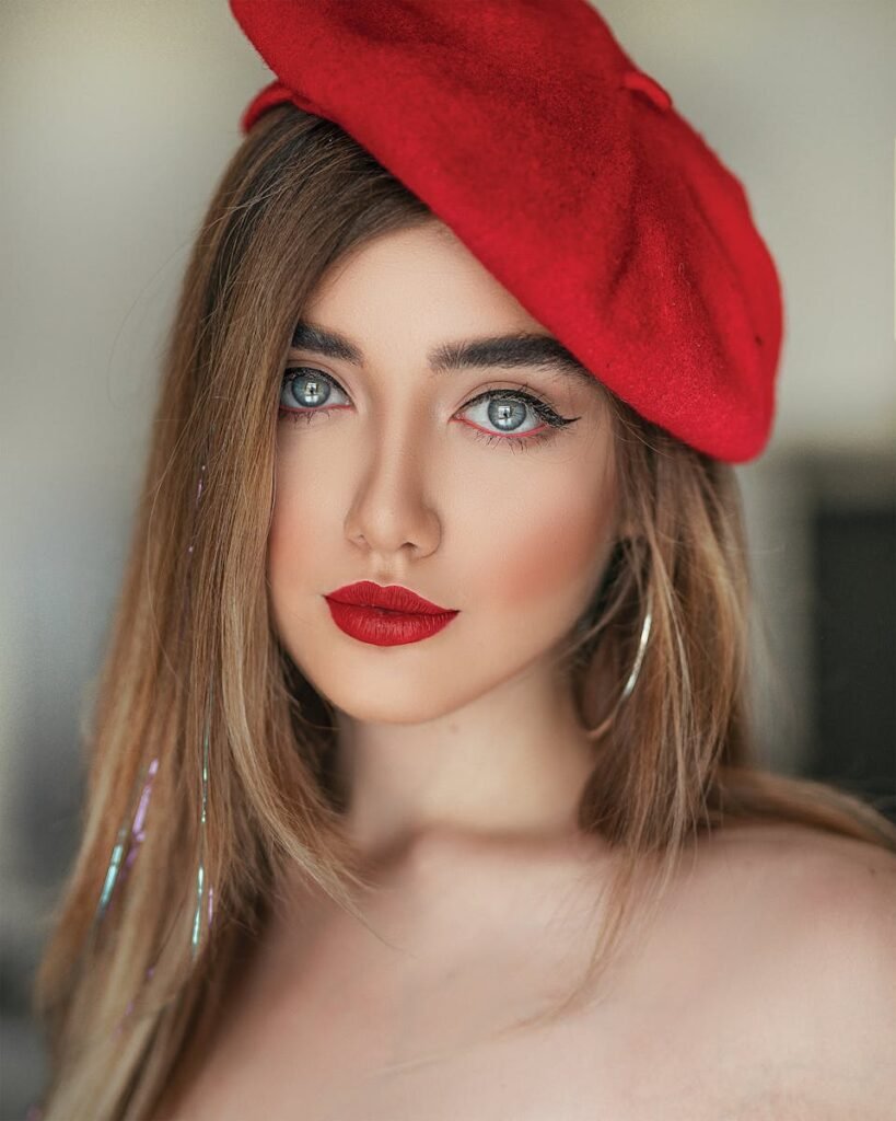 Portrait Photo of Woman in Red Lipstick and Red Beret Hat 