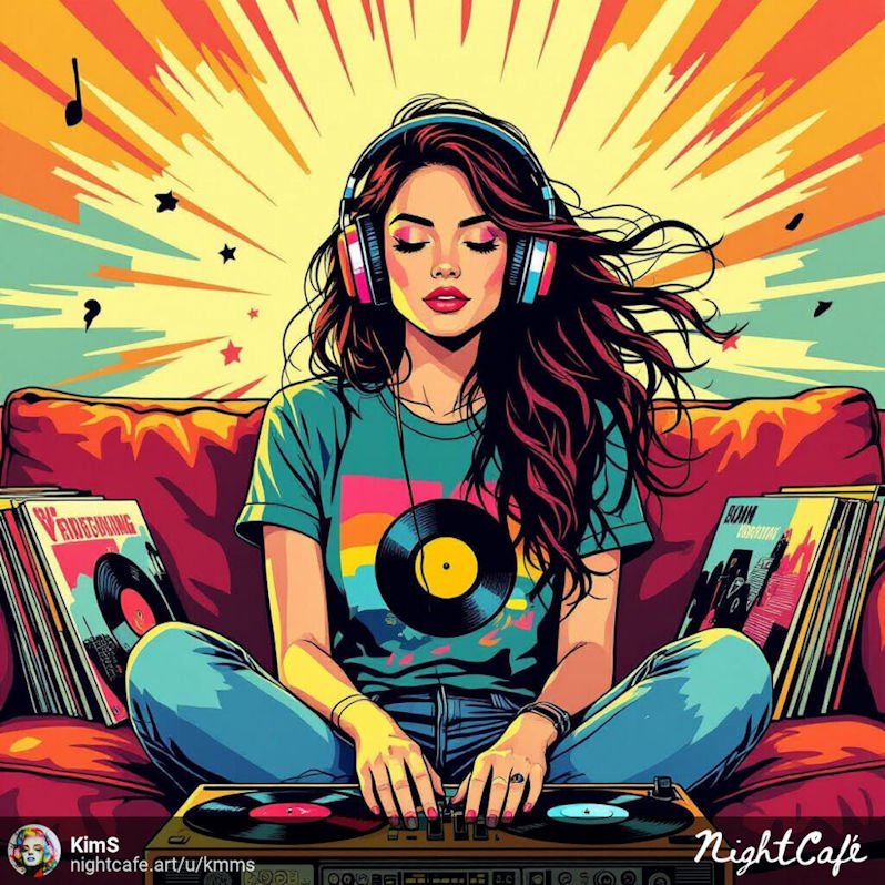 cartoon of woman listening to music