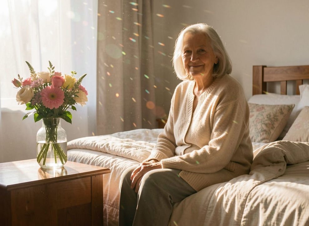 old woman sitting on the bed with a table with a vase with flowers